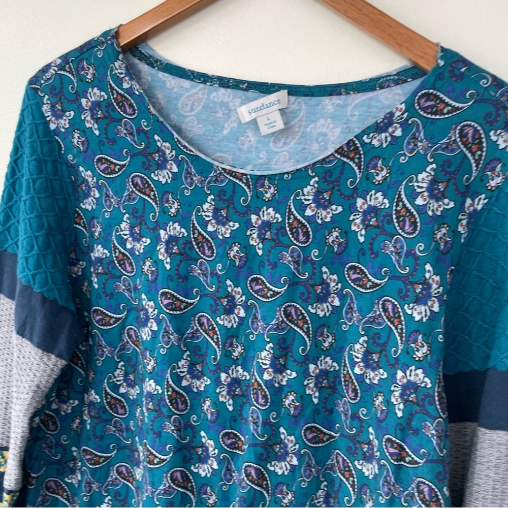 Sundance Paisley Print Sharrar Top Blue Grey L Large Floral Mixed Stitch Sleeve - Picture 4 of 9